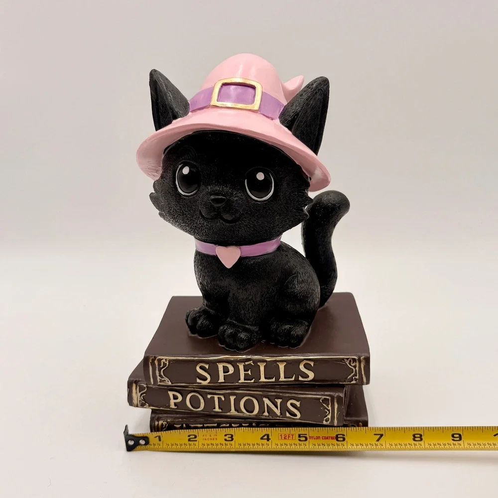 Halloween Black Cat Witch Figurine on Spell Books Pink Hat Spooky Cute Decor